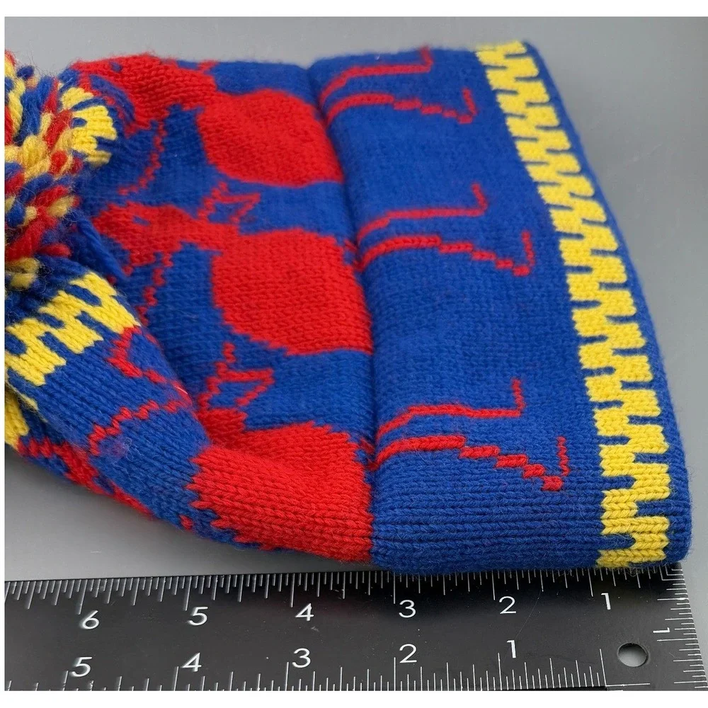 Vintage Beanie Ski Hat 100% Wool Knit Pom Pom Blue Red Yellow Winter Cap